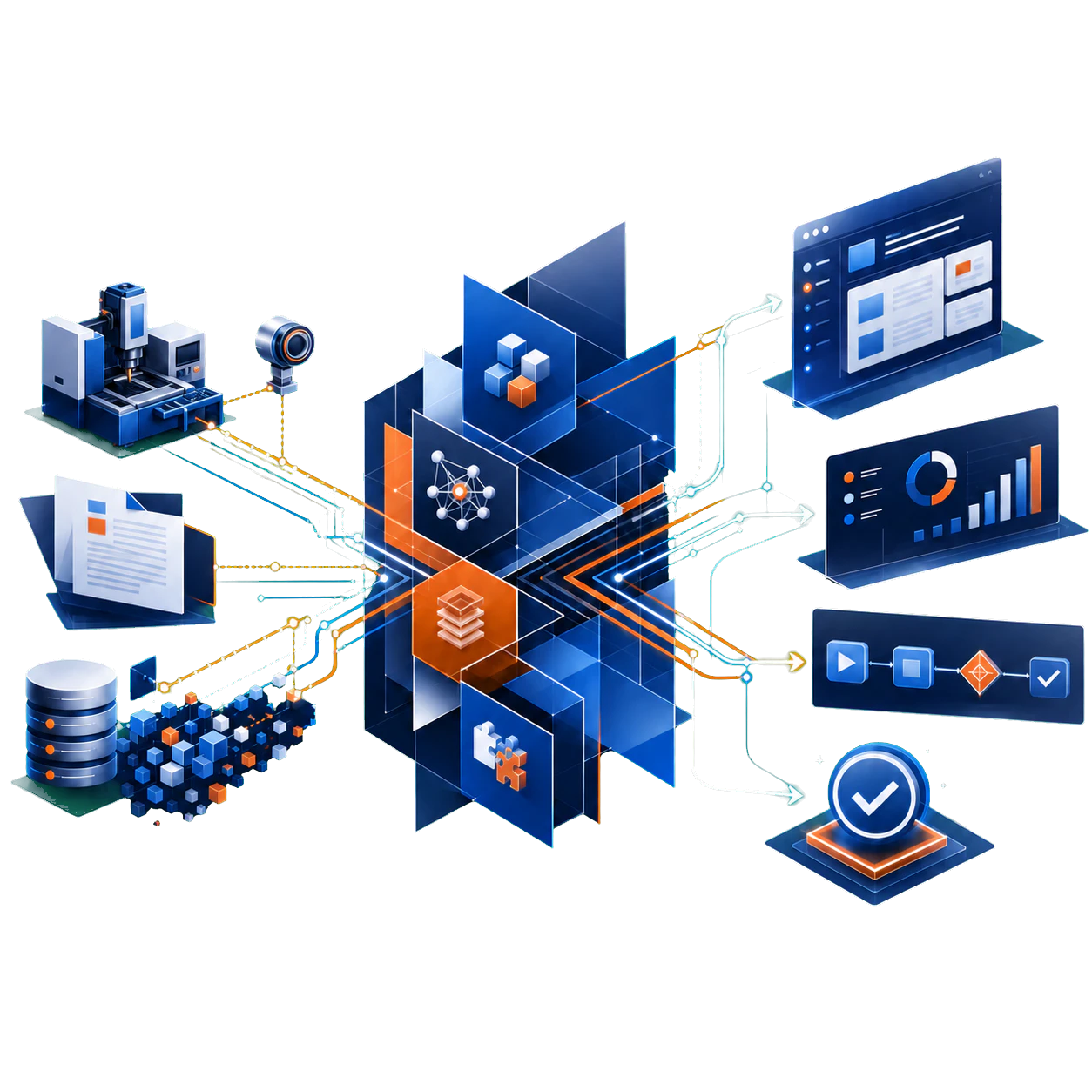 Business operations, documents, and data flowing through a connected engineering system into software, analytics, automation, and verified outcomes